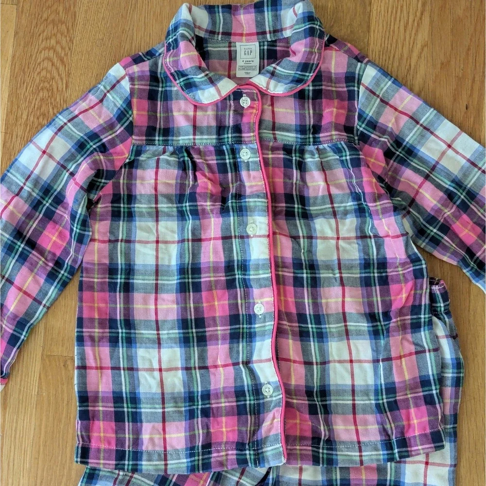 Baby Gap Flannel 2-piece Pajama Set Pink Blue Plaid Button Up Toddler PJs 4T